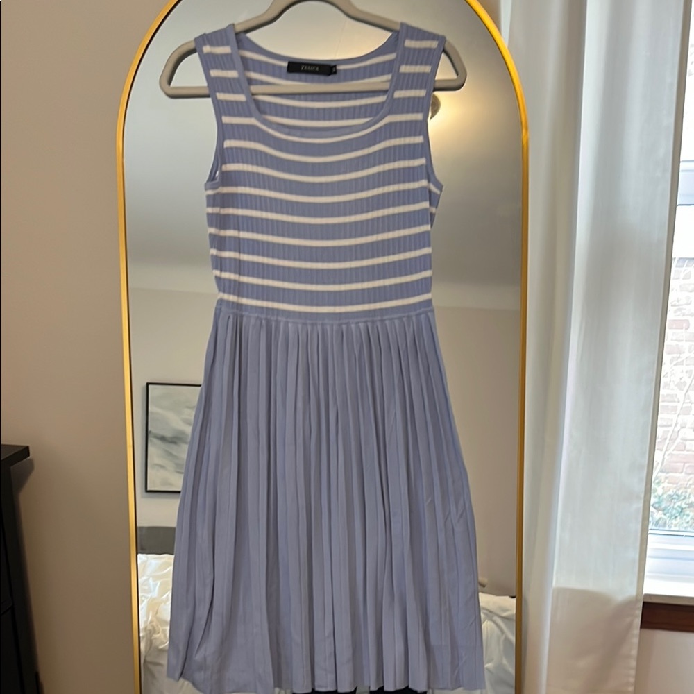Summer Sleeveless Blue, White-Striped, Knit A Line Pleated Tank Summer Dress
